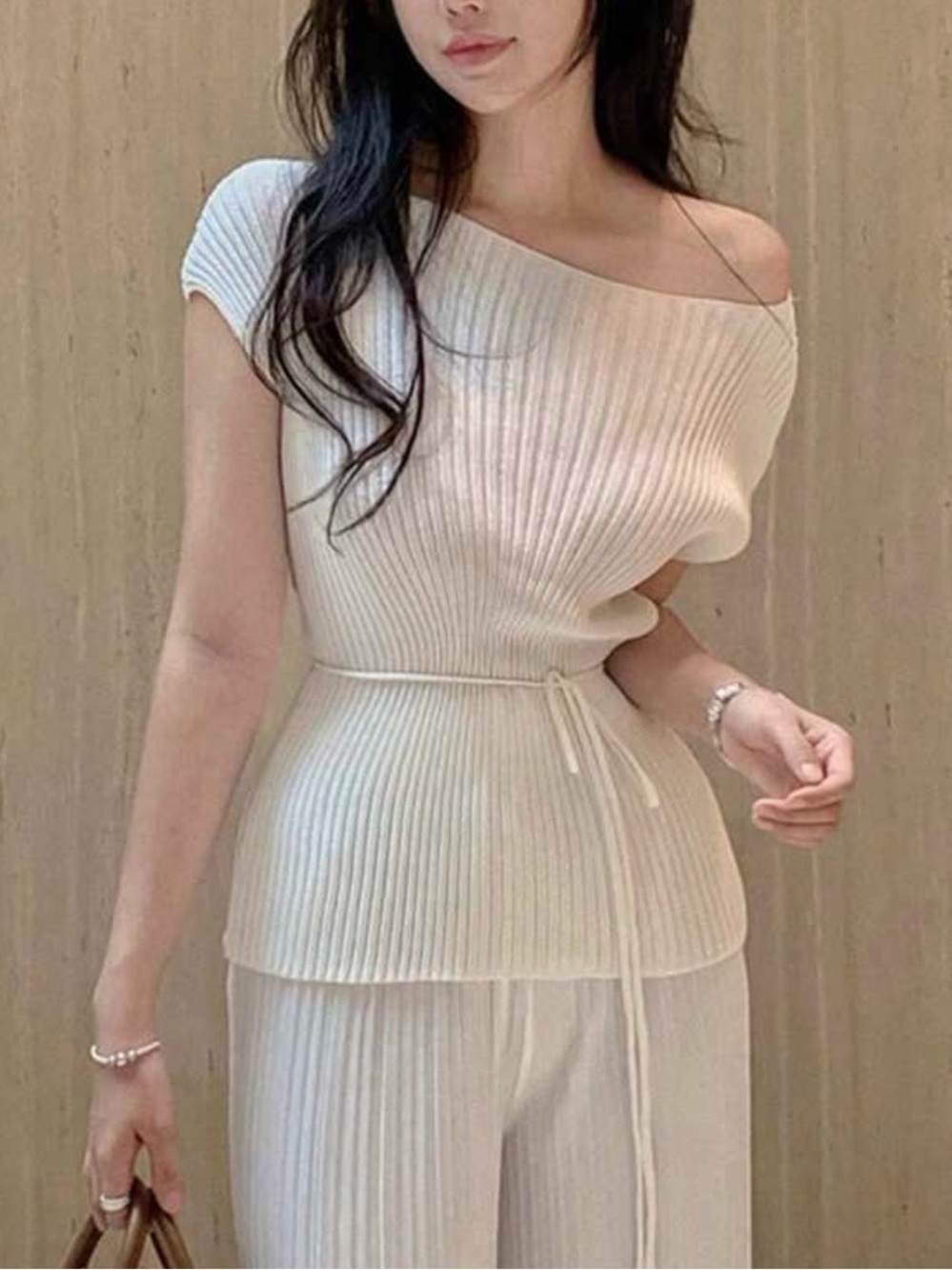 Cream Ribbed Off-Shoulder tie waist belted Knit Top